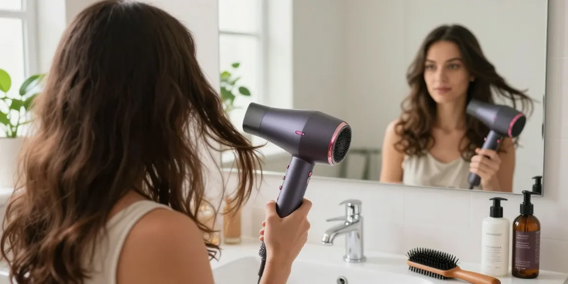 Sèche-cheveux pour cheveux épais en action, femme utilisant un soin capillaire dans sa salle de bain lumineuse.