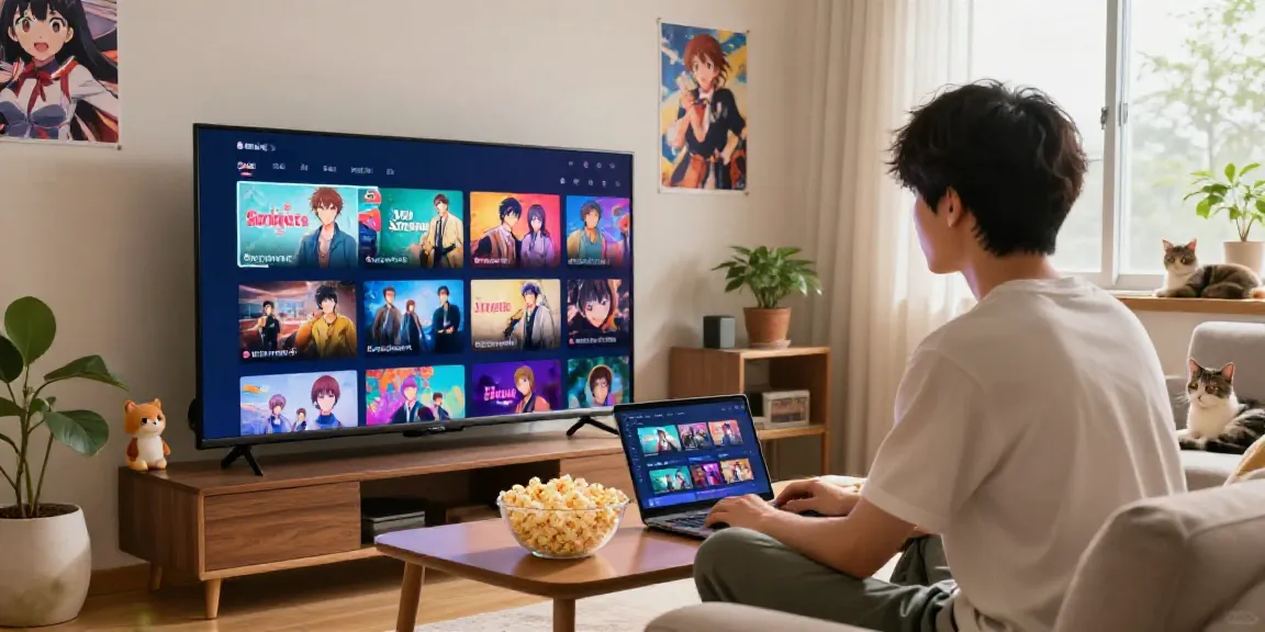 Une personne regardant des séries sur Senpai Stream dans un salon chaleureux avec des posters d'anime.