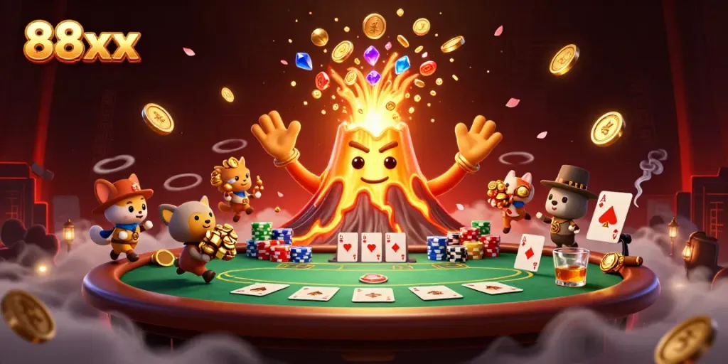Experience the excitement of 88xx with a golden volcano erupting treasure and iconic poker elements in this vibrant illustration.