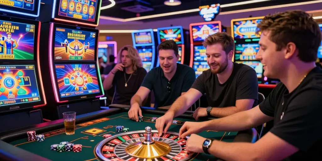 Joueurs profitant d'un bonus de casino sans dépôt à une table de roulette, ambiance de casino en ligne animée.