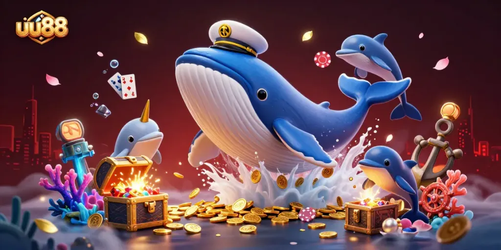Play exciting games at uu88 with a vibrant casino scene featuring cartoon whales and playful dolphins.