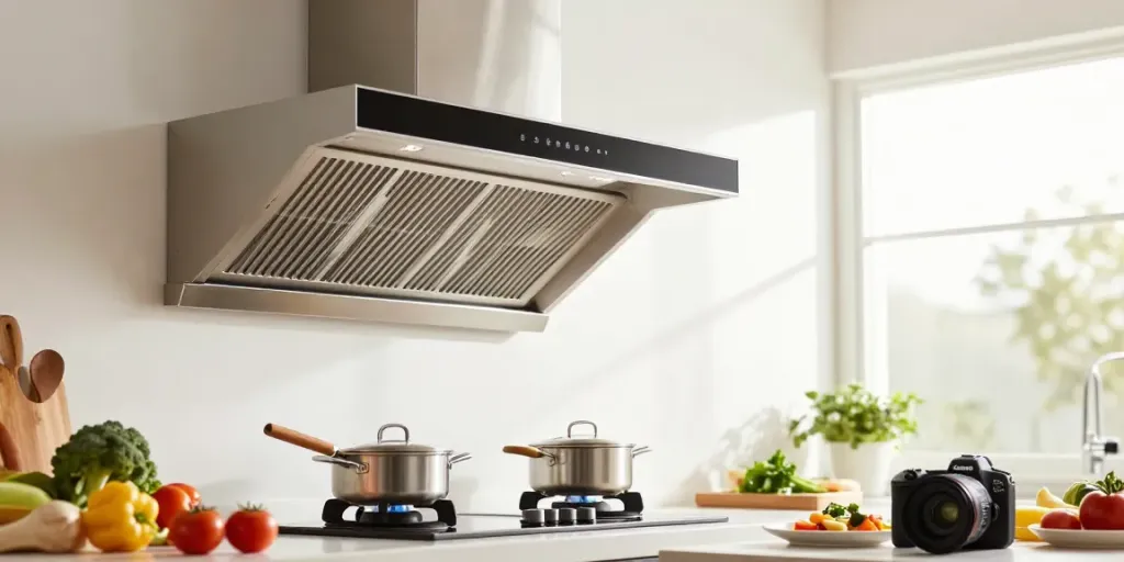 Hotte inclinée dans une cuisine moderne avec chef préparant un repas.