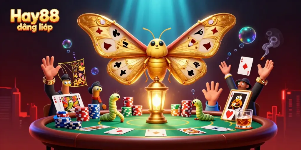 Experience Hay88 đăng nhập with an engaging casino-themed illustration of playful moths and poker elements.