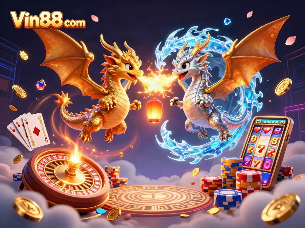 Experience thrilling gaming action at Vin88 com with twin dragons battling in a rich 3D casino illustration.