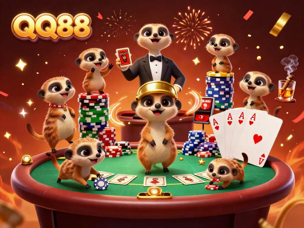Experience QQ88's lively gaming atmosphere with meerkats managing an exciting casino scene.