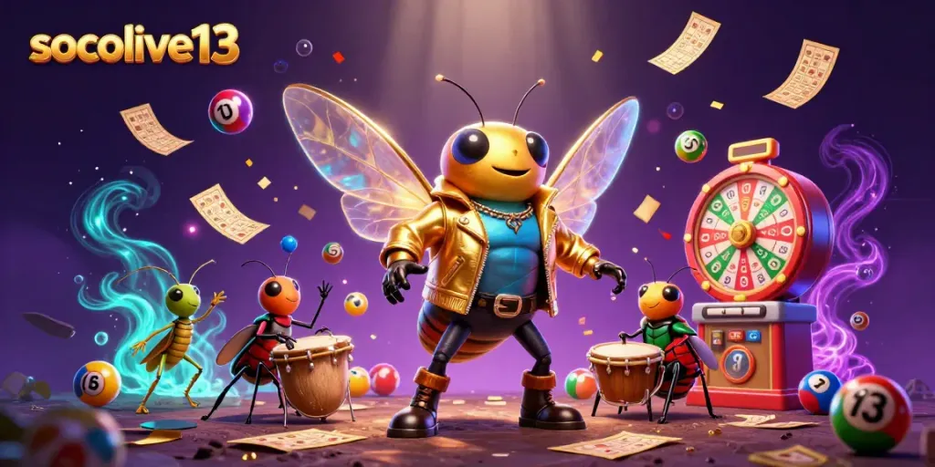 Experience the excitement of gambling with socolive13 through vibrant imagery of a cartoon rock star and lively elements.