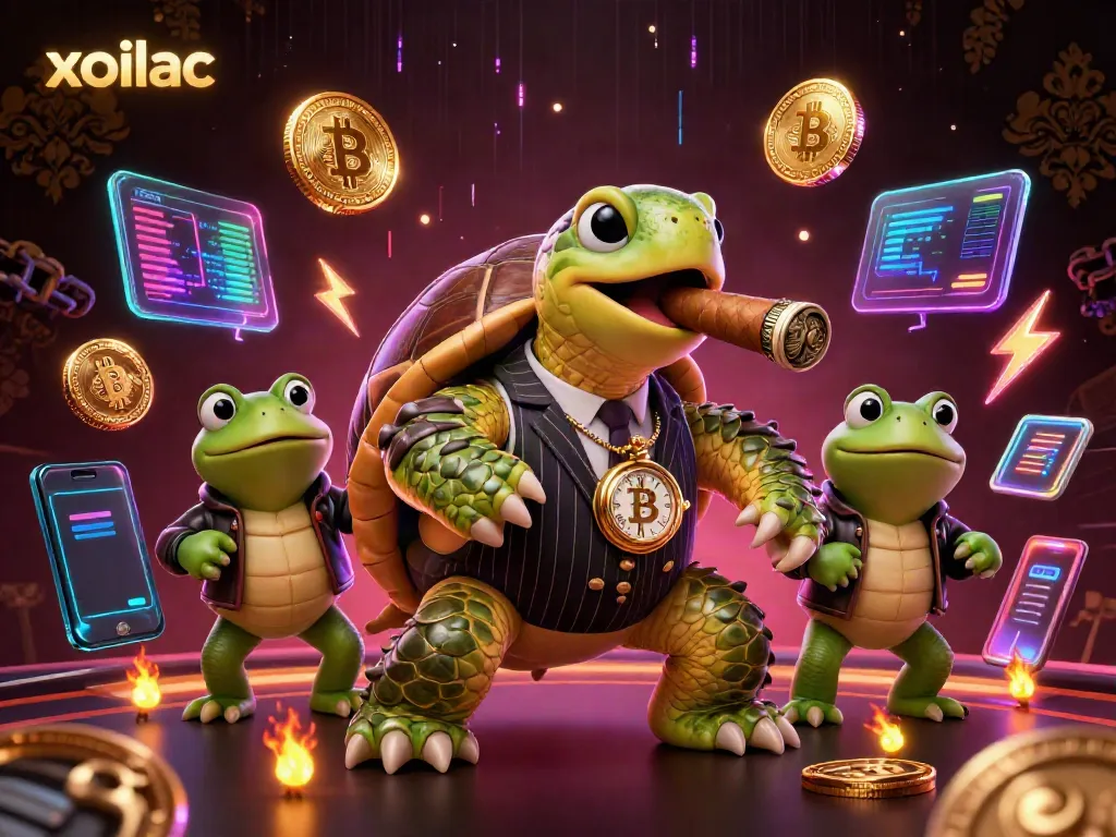 Xoilac showcases a cartoon turtle in a mobster suit with crypto elements and vibrant casino details.