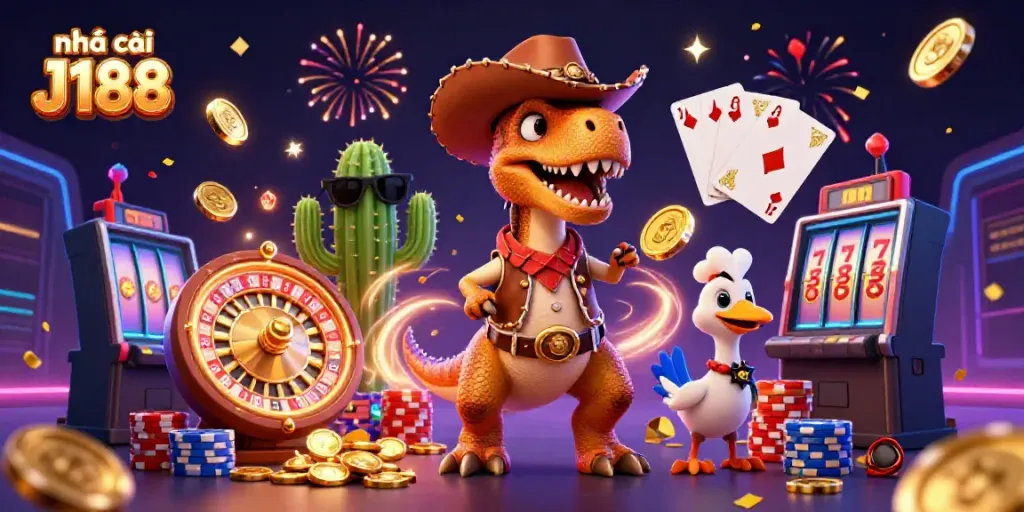 Experience excitement at nhà cái J188 with a colorful casino-themed illustration featuring engaging characters and games.