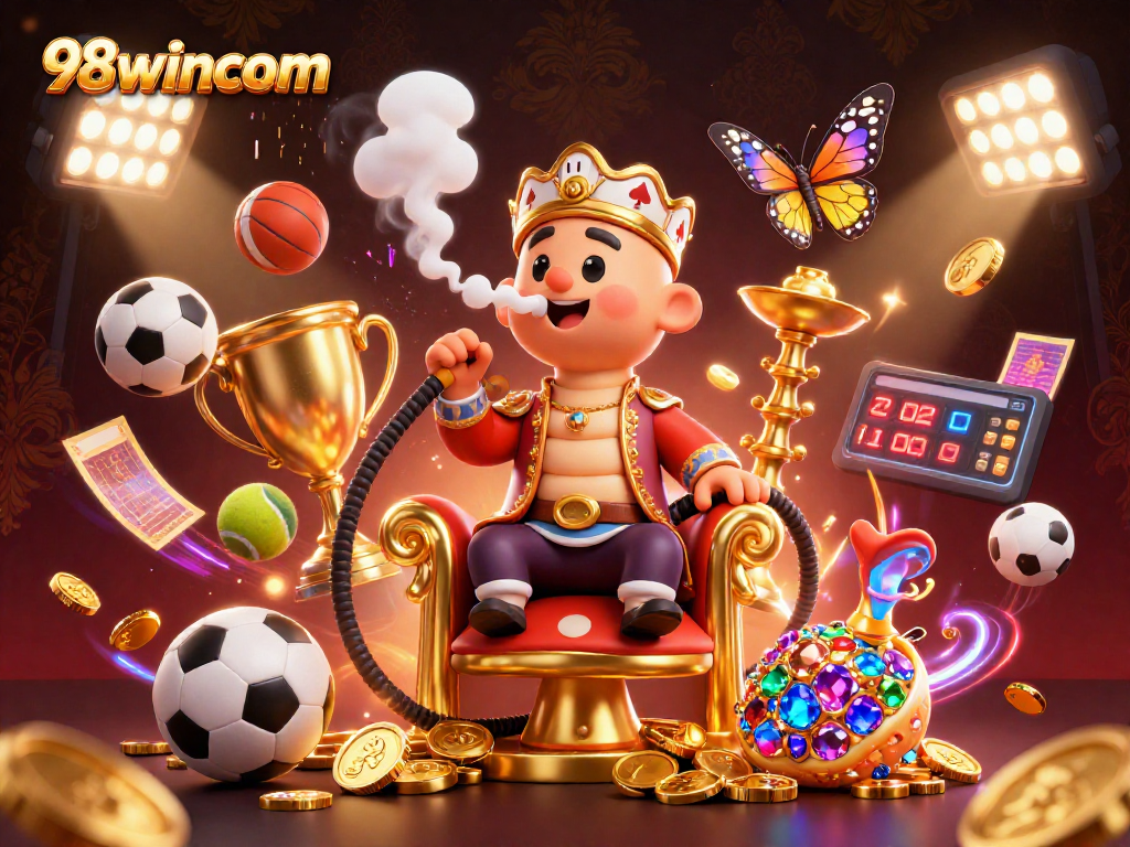 Experience the excitement at 98wincom with a vibrant illustrated casino scene featuring dynamic sports elements.
