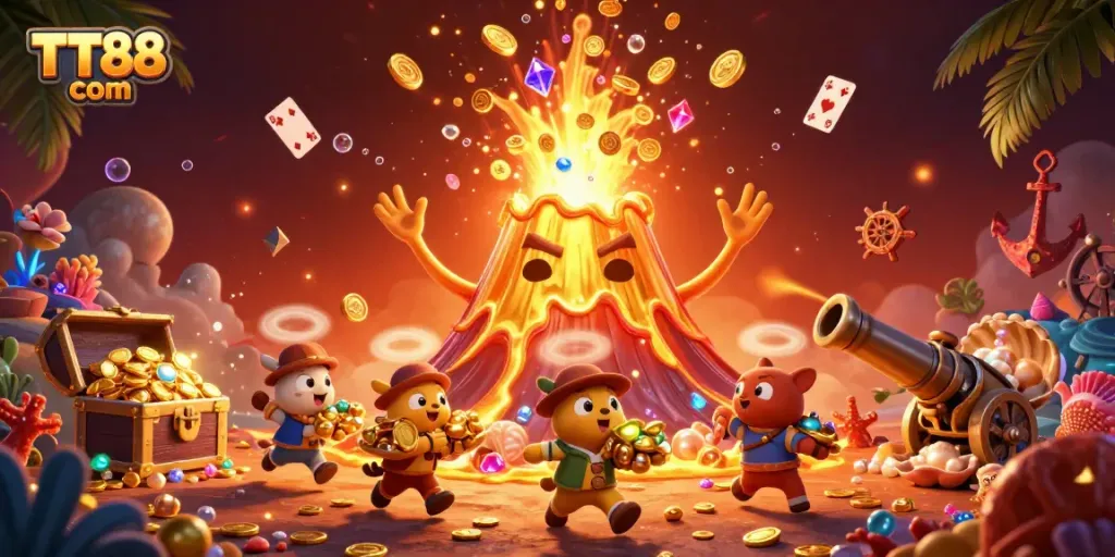 Experience the excitement of TT88 com as animated characters celebrate winning treasures in a vibrant casino scene.