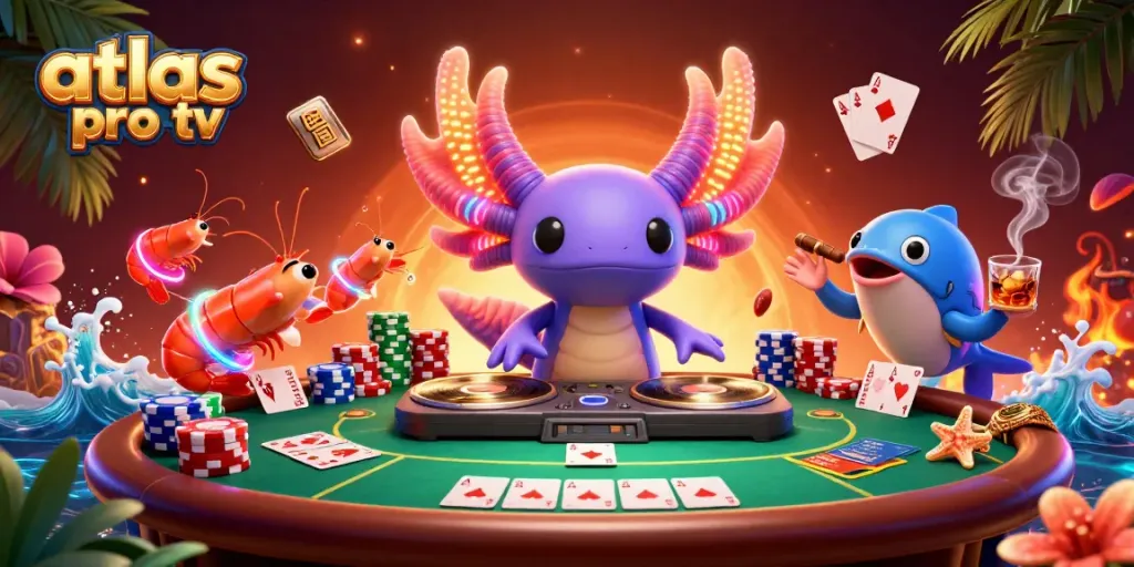 Atlas Pro TV : DJ axolotl en 3D, ambiance de casino dynamique avec jeux de poker.