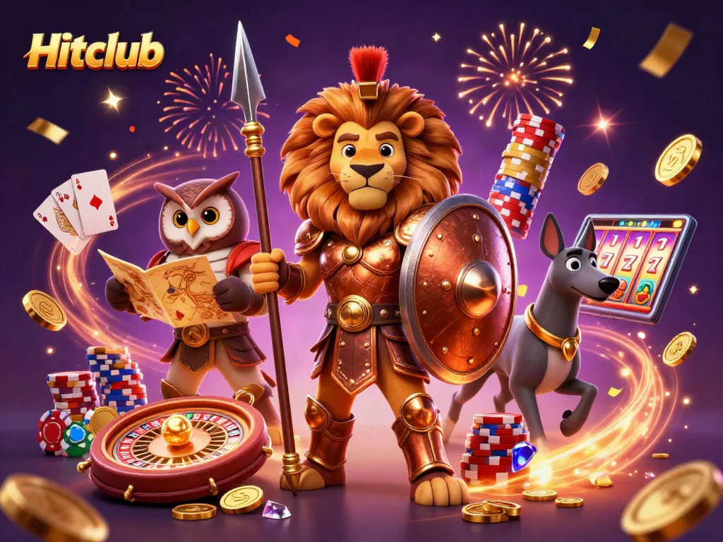 Hitclub players enjoy a vibrant casino atmosphere with golden coins, cards, and roulette.