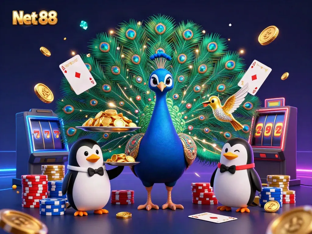 Experience luck at Net 88 with vibrant casino elements, including a peacock, penguin, and dazzling gems.