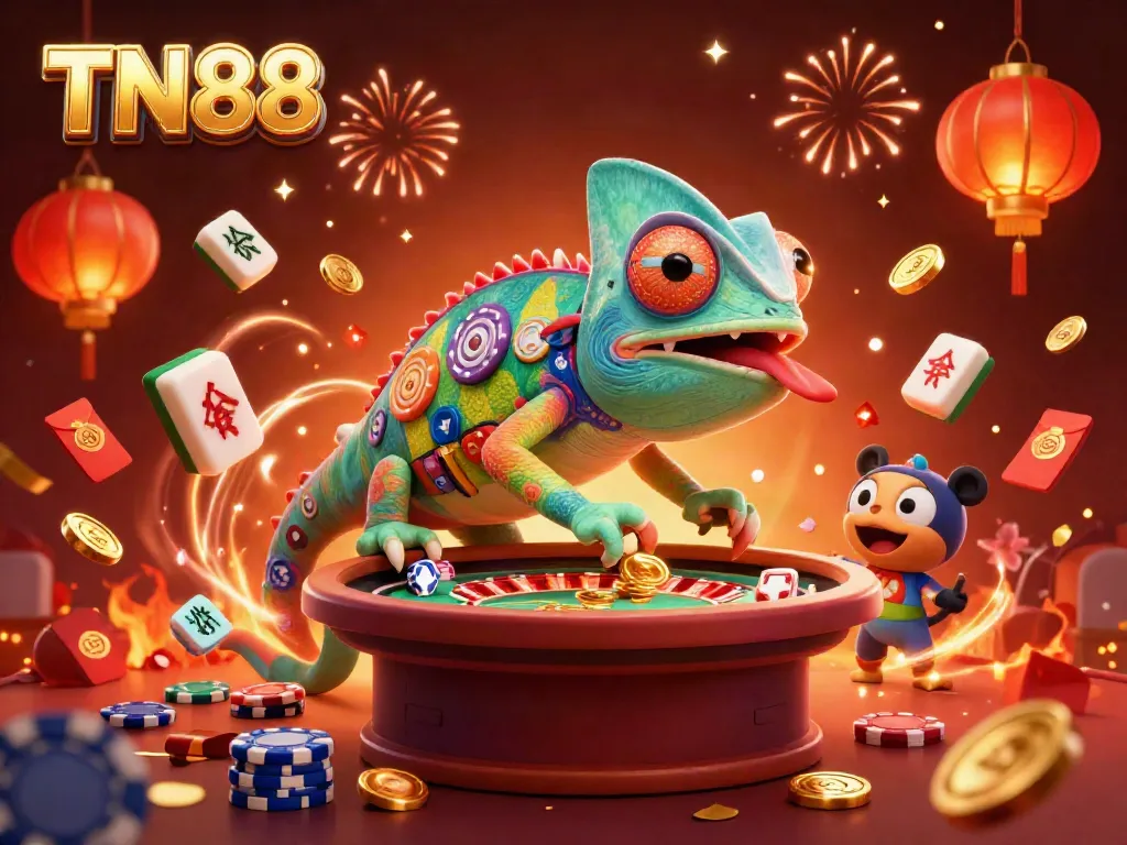 Engage with the vibrant TN88 online casino as a chameleon owner captures coins amidst festive gambling elements.