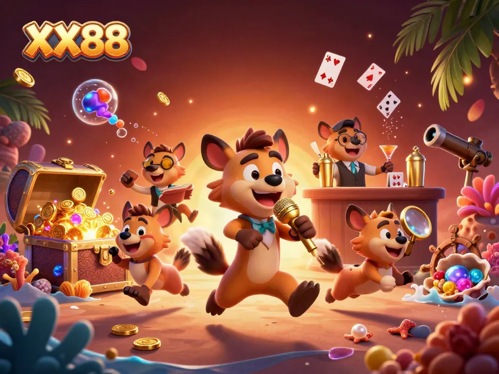 Experience the vibrant XX88 casino atmosphere full of hyenas, treasure, and excitement.
