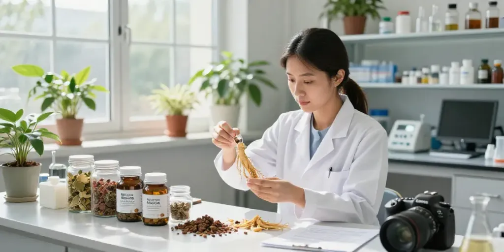 Scientifique examinant des ingrédients naturels pour les compléments Natura Force.