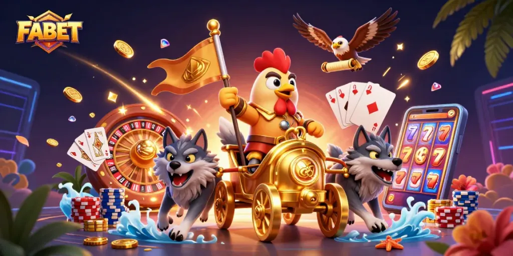 FABET invites you to enjoy cascading coins and vibrant games in this colorful online casino scene.