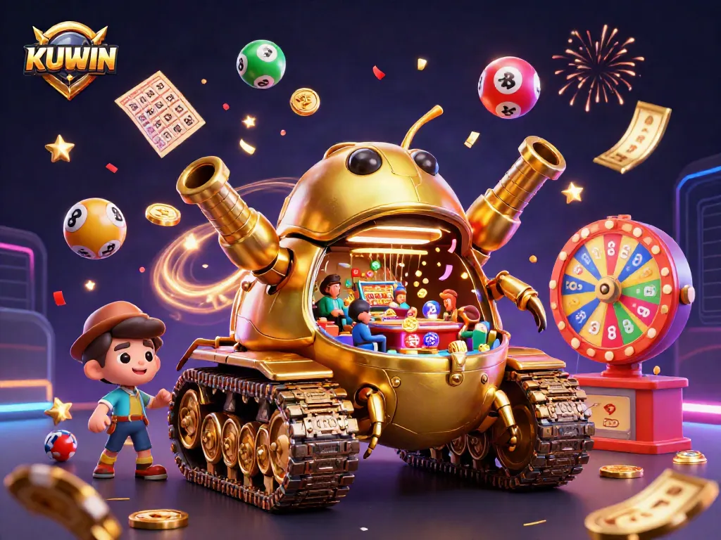 Engage with the KUWIN casino adventure featuring a golden beetle tank and vibrant gaming elements.