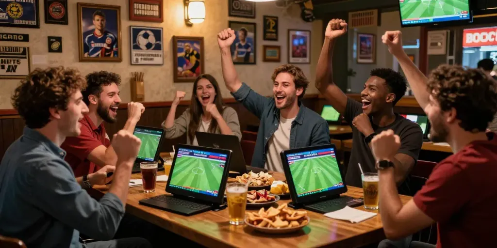 Wedden op voetbal in een bruisende sportbar met enthousiaste fans.