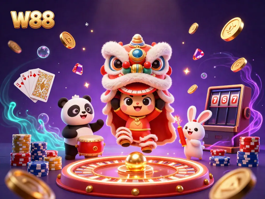 Experience the thrill of W88 with vibrant casino elements and engaging characters.