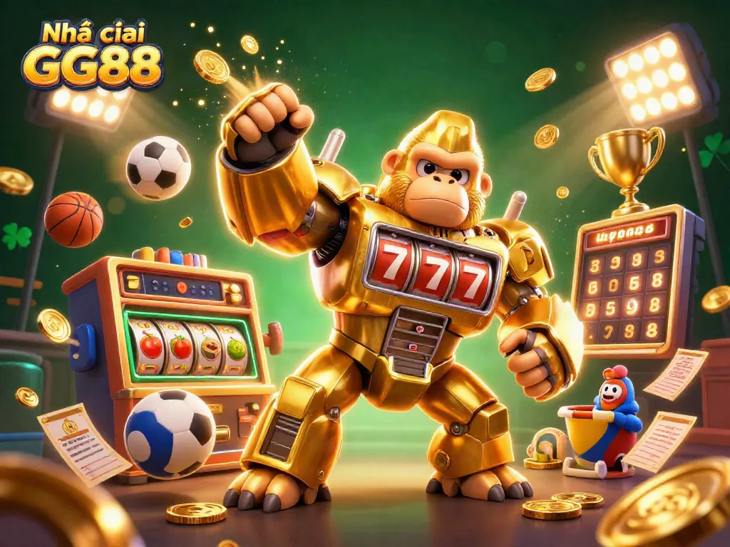 Experience thrilling gaming action with Nhà cái GG88 featuring a powerful golden gorilla mech amidst dynamic sports elements.