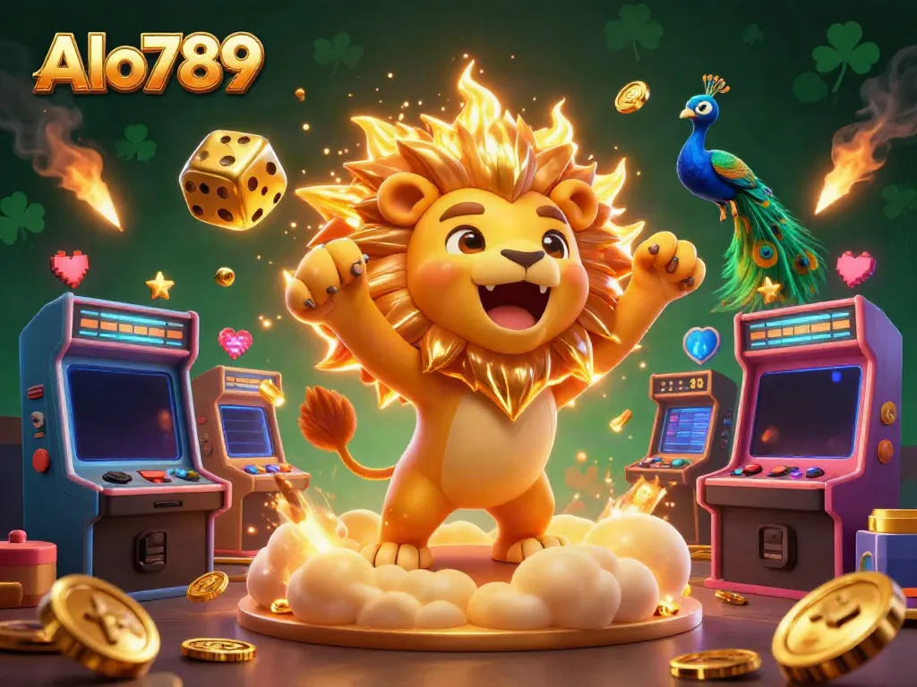 Alo789 players engage in thrilling gambling with a triumphant lion, golden dice, and colorful arcade elements.