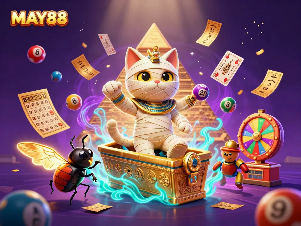 MAY88 brings excitement with an Egyptian mummy cat and vibrant gambling elements in an engaging casino scene.