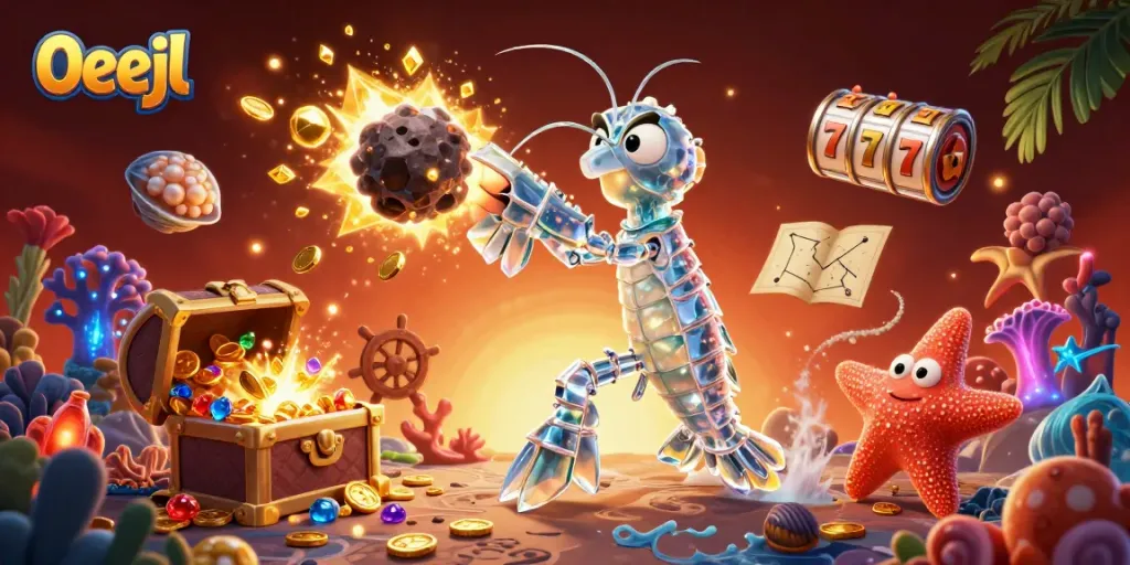 Play slots with 0eejl, featuring a galactic samurai shrimp amid treasures and vibrant casino elements.