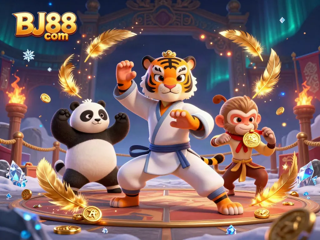 Experience thrilling games at BJ88 com with live-action tiger martial arts and vibrant casino ambiance.