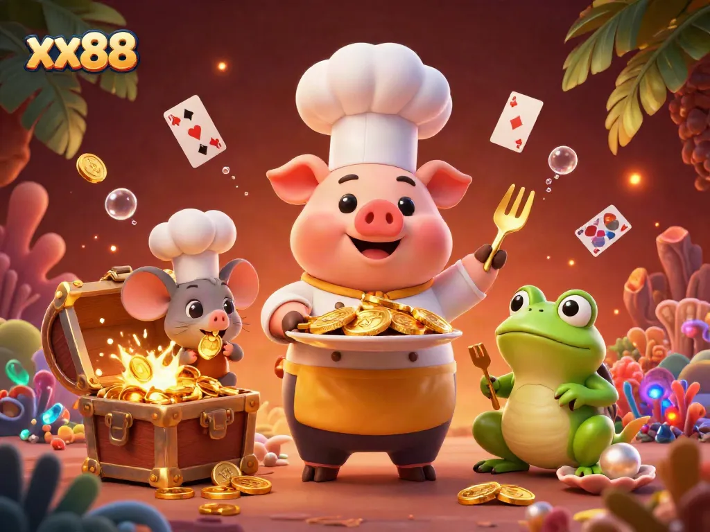 xx88 captures the excitement of winning with vibrant casino-themed characters surrounded by gold coins and treasures.