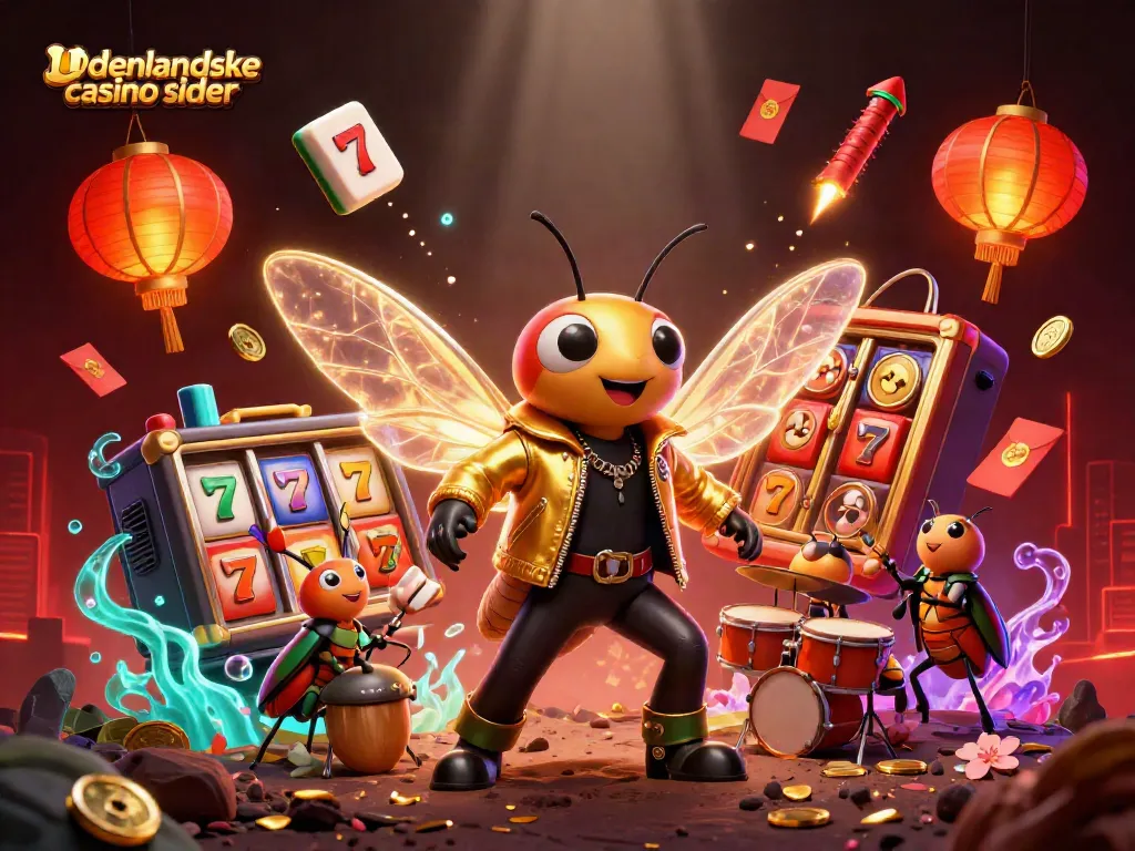 Engage with udenlandske casino sider through colorful slot reels, vibrant elements, and animated characters in a 3D illustration.