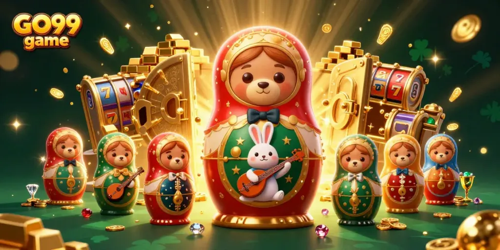 Play thrilling GO99 game with animated bears and golden treasures in a vibrant casino scene.