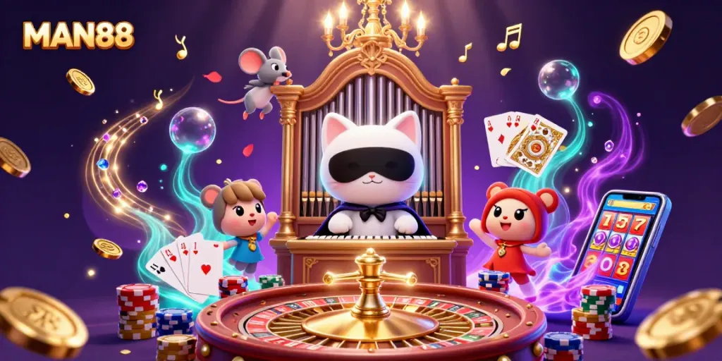 Players engage with MAN88 in an animated casino scene filled with excitement and rich graphics.