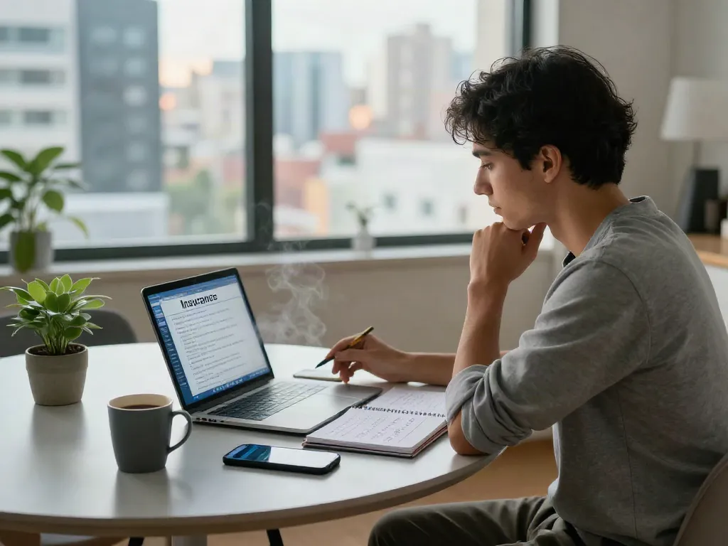 Avis Lovys : jeune professionnel comparant des polices d'assurance dans un appartement moderne.