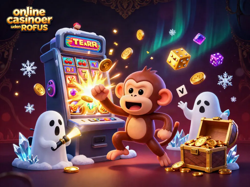 Engage with online casinoer uden ROFUS featuring a playful monkey and a curious dog in a vibrant casino.