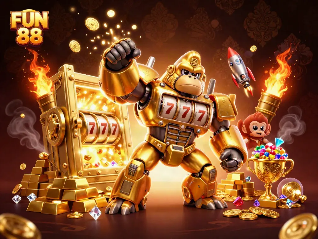 FUN 88 showcases vibrant characters and action, as a golden gorilla mech wins big in a 3D casino.