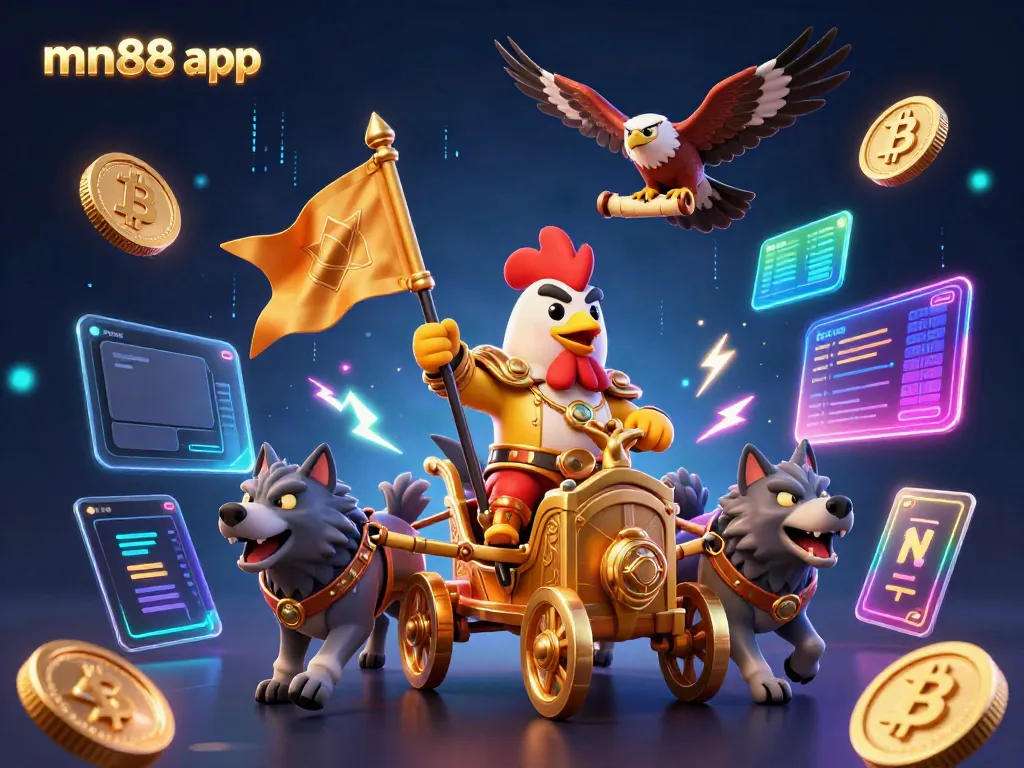Experience the thrilling mn88 app with a vibrant scene of gaming excitement featuring wild characters and crypto elements.