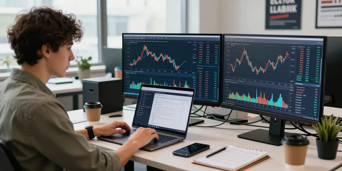 Couponeau : Trader utilisant une plateforme de trading automatisé avec des graphiques dans un bureau moderne.