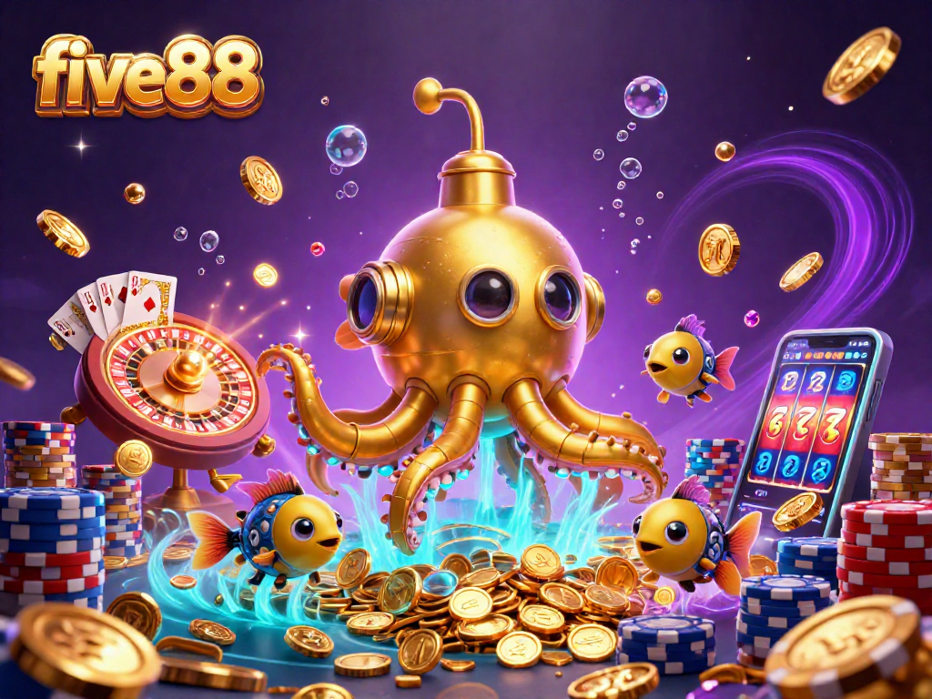 Experience the thrill of five88 with a dynamic 3D illustration featuring golden kraken and vibrant gambling elements.