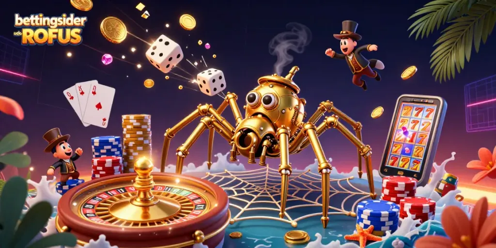 Catch exhilarating moments on betting sider uden ROFUS with golden spider webbing fortune in a vibrant casino scene.