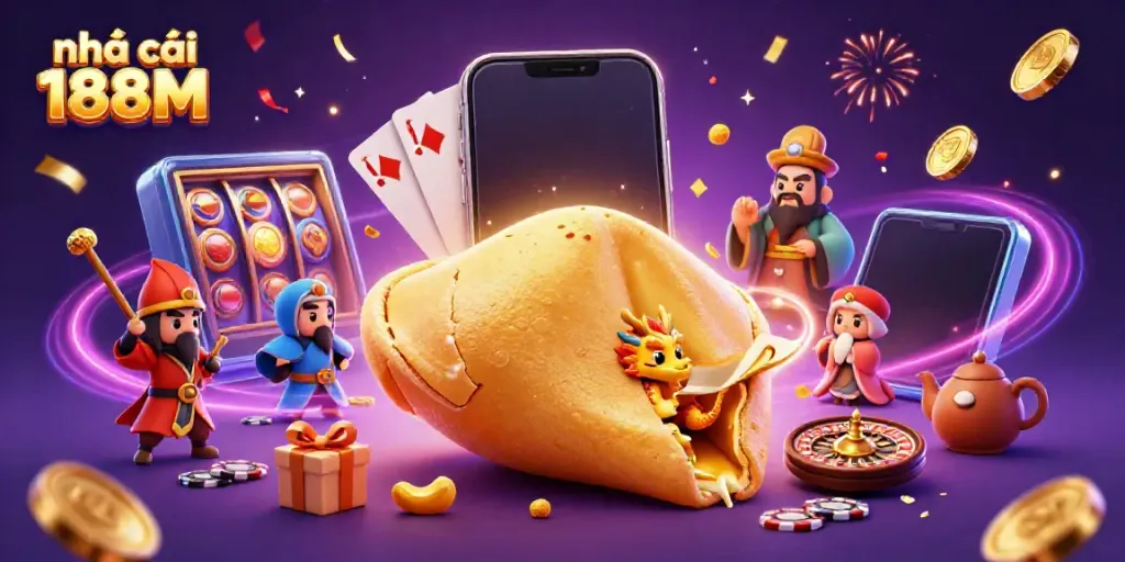 nhà cái 188M showcases an ultra-detailed 3D illustration, celebrating vibrant casino experiences with golden elements.