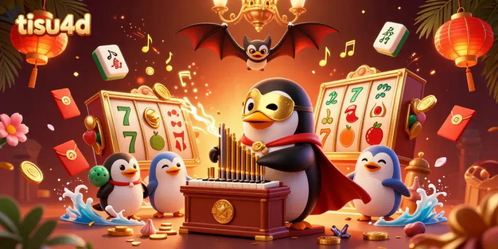 Tarik kemenangan di TISU4D, menampilkan penguin orkestra melodis dan simbol slot emas.