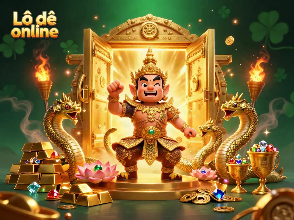 Engage with Lô đề online through an energetic illustration featuring vibrant characters and treasure elements.