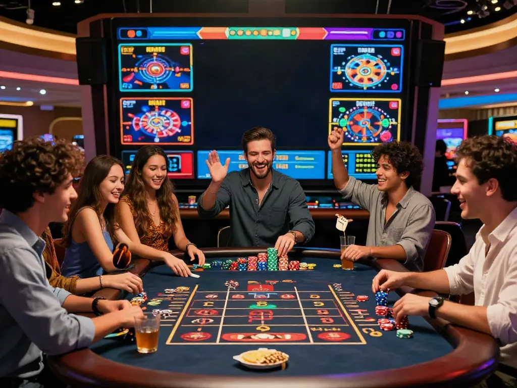 Scène de casino en ligne avec des joueurs célébrant autour d'une table de roulette, mettant en valeur l'expérience de jeux en direct.