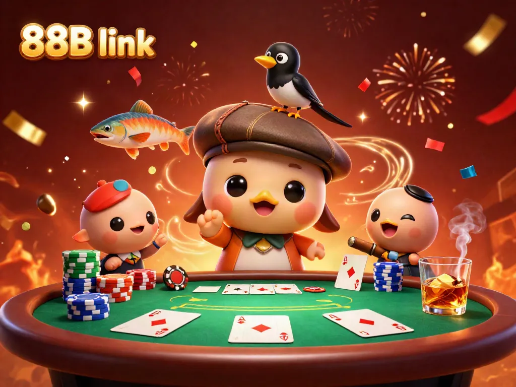 Immerse yourself in the colorful world of the casino with this playful 88B link scene featuring cartoon characters and poker elements.