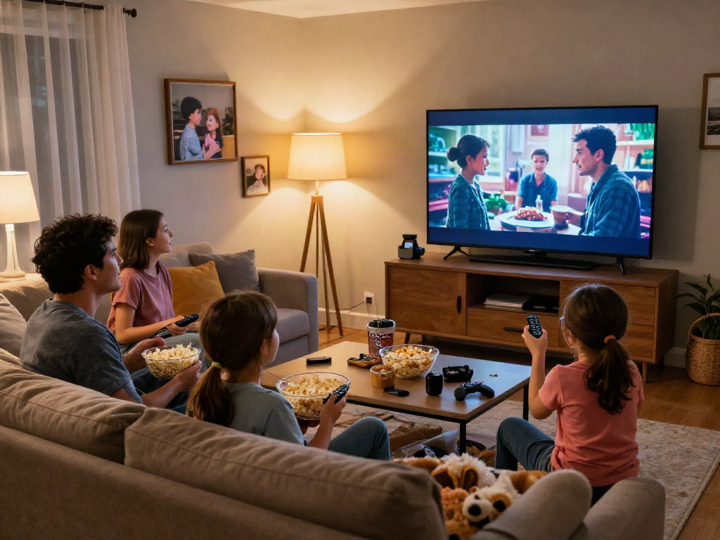 A family enjoying movie night with an Iron TV in a cozy living room.