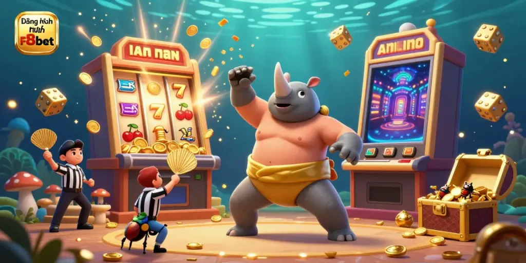 Experience the excitement of Đăng nhập F8bet with a vibrant 3D illustration of a beetle sumo champion amidst dynamic casino elements.