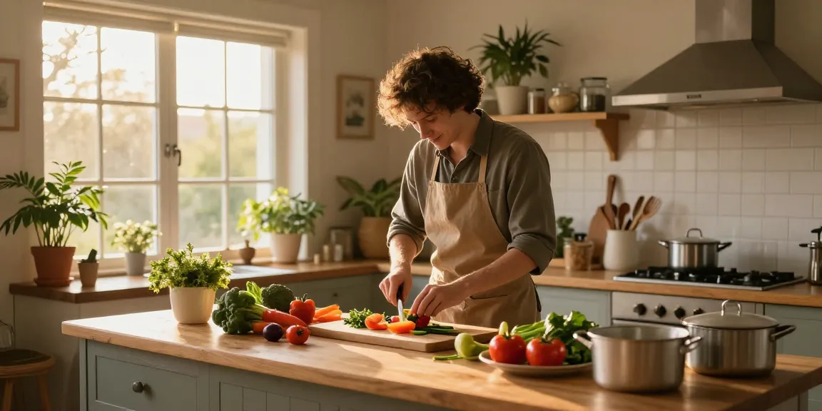 Préparation de recettes faciles avec des légumes frais dans une cuisine chaleureuse.