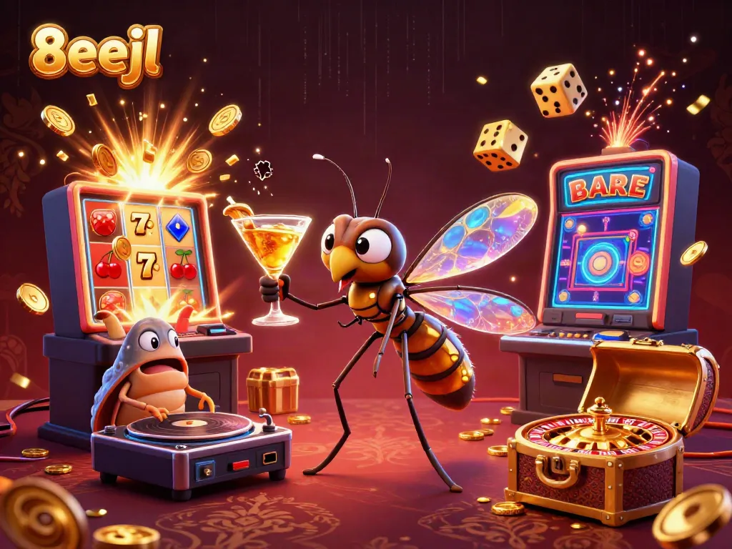 Experience the thrill of 8eejl with a vibrant casino scene featuring a frozen-in-amber mosquito as a mascot and a trilobite DJ.