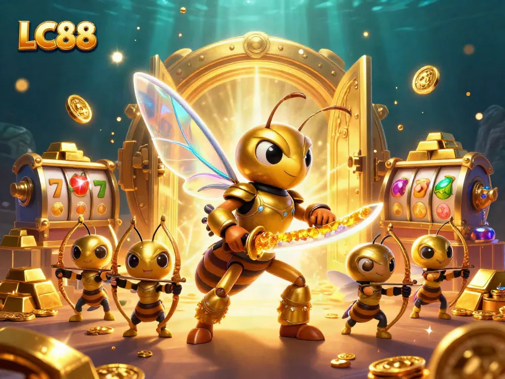 Engage with LC88 and dive into a rich casino experience, surrounded by vibrant treasures and animated characters.